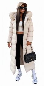 Women's black belted longline puffer coat with a faux fur collar