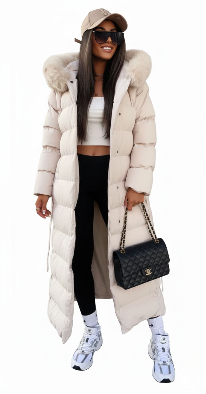Women's black belted longline puffer coat with a faux fur collar