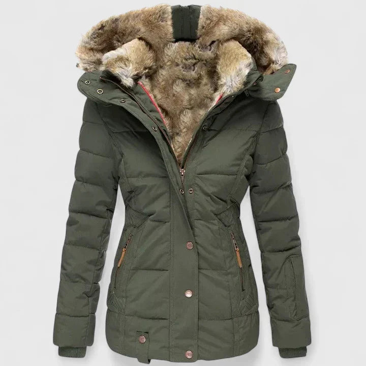 Women's Green Insulated Hooded Coat with Faux Fur Trim for Winter