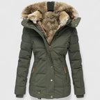 Women's Green Insulated Hooded Coat with Faux Fur Trim for Winter