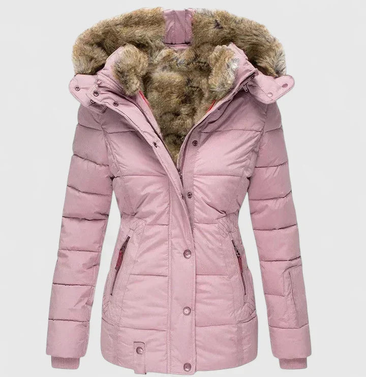 Women's Pink Insulated Hooded Coat with Faux Fur Trim for Winter