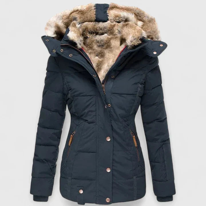 Women's Blue Insulated Hooded Coat with Faux Fur Trim for Winter