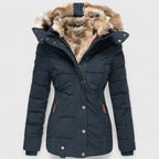 Women's Blue Insulated Hooded Coat with Faux Fur Trim for Winter