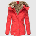 Women's Red Insulated Hooded Coat with Faux Fur Trim for Winter