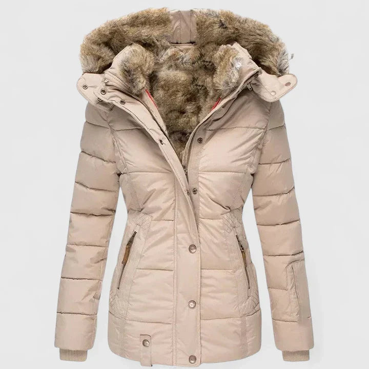 Women's Beige Insulated Hooded Coat with Faux Fur Trim for Winter