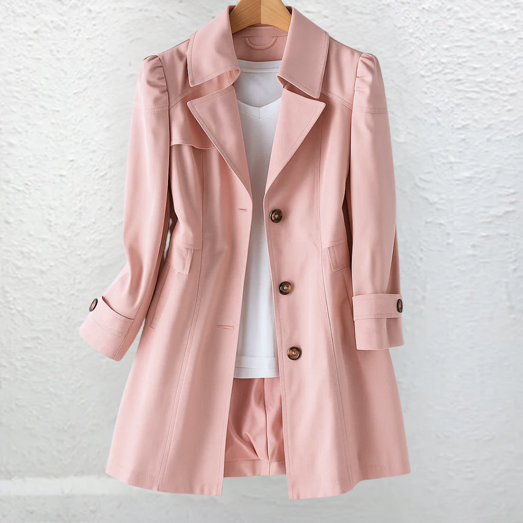 Vintage-style coat with trench collar and button front, product still life