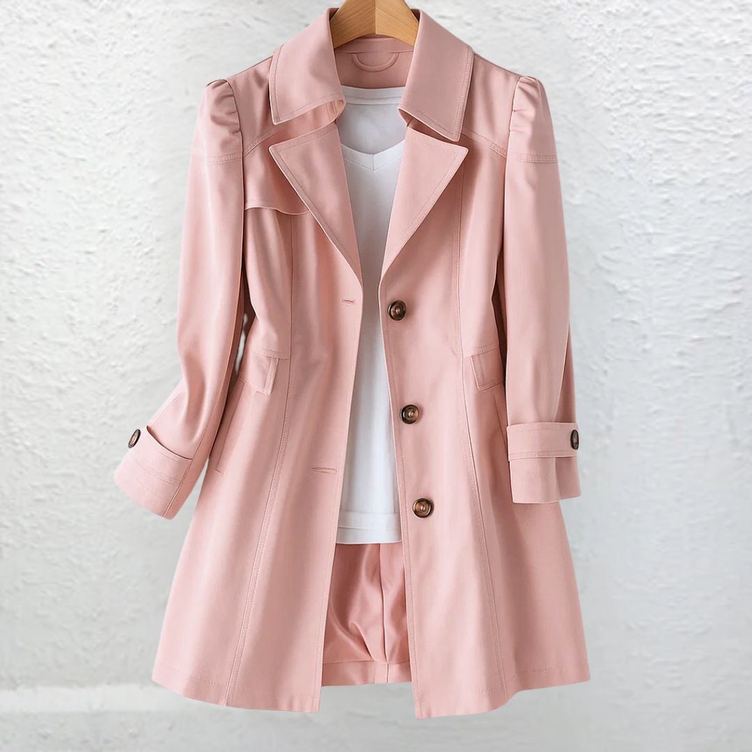 Vintage-style coat with trench collar and button front, product still life