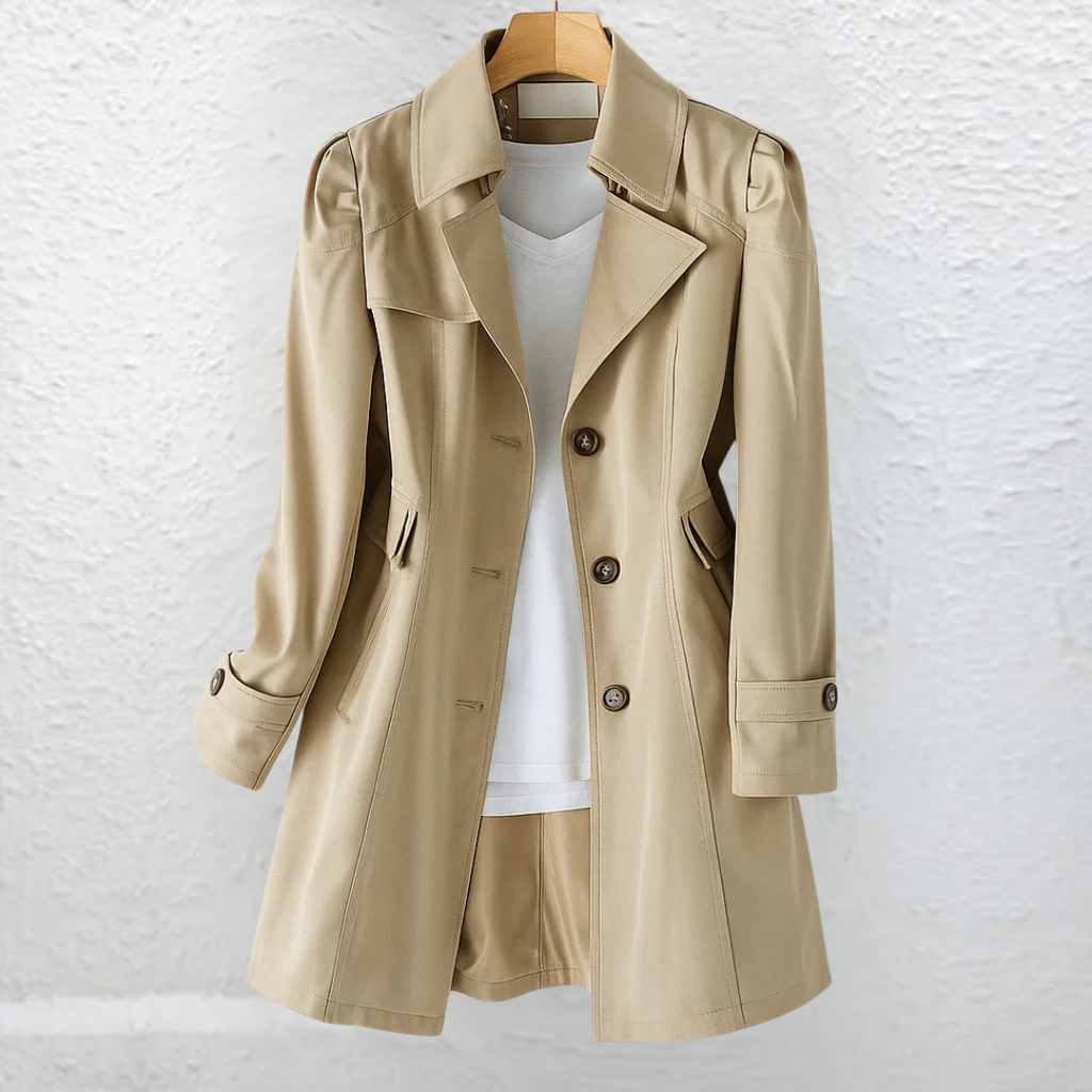 Vintage-style coat with trench collar and button front, product still life