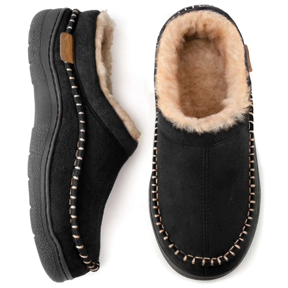Beige men's warm-lined house slippers with a non-slip sole
