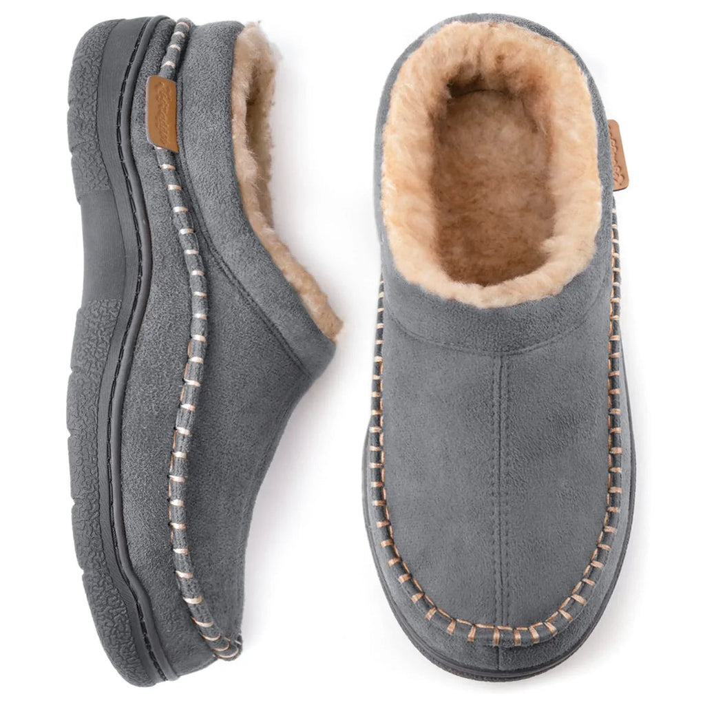 Beige men's warm-lined house slippers with a non-slip sole