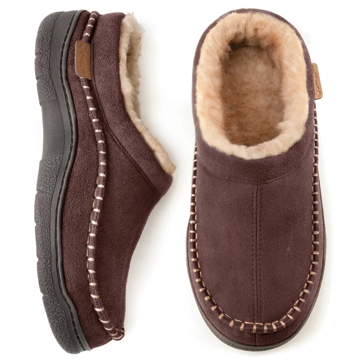 Beige men's warm-lined house slippers with a non-slip sole