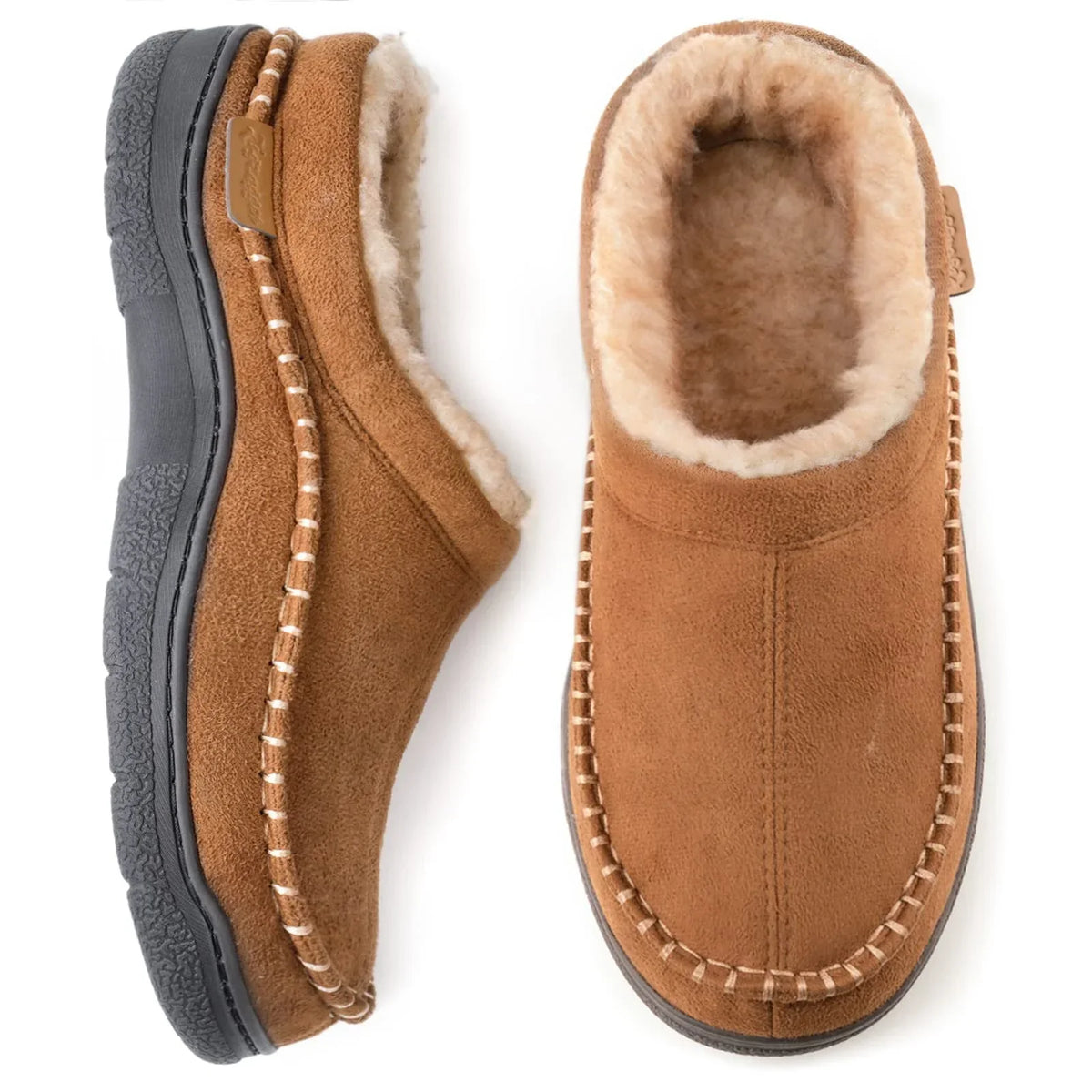 Beige men's warm-lined house slippers with a non-slip sole