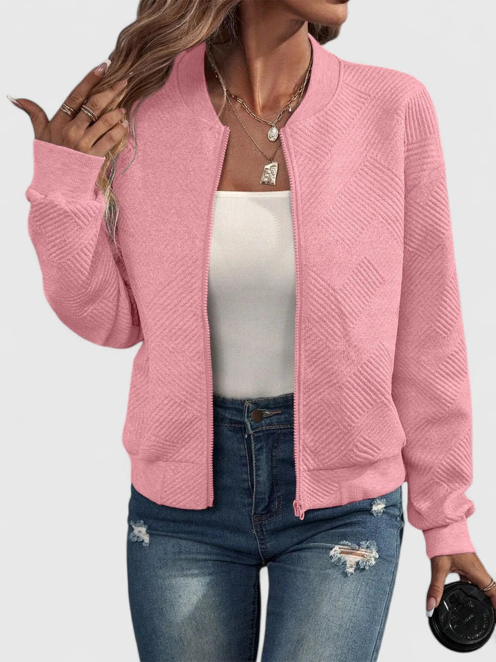 Women's Quilted Bomber Jacket With Ribbed Collar, Cuffs And Zip Front