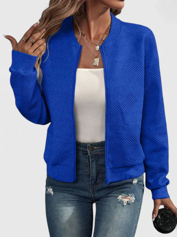 Women's Quilted Bomber Jacket With Ribbed Collar, Cuffs And Zip Front