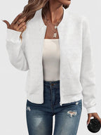 Women's Quilted Bomber Jacket With Ribbed Collar, Cuffs And Zip Front