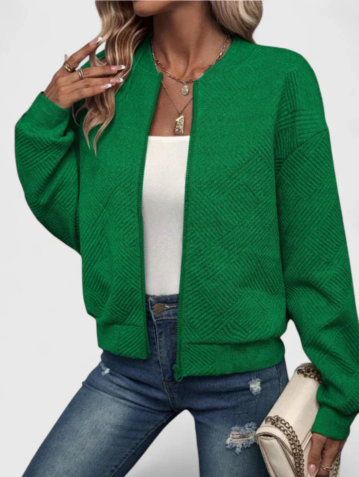 Women's Quilted Bomber Jacket With Ribbed Collar, Cuffs And Zip Front