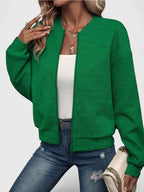 Women's Quilted Bomber Jacket With Ribbed Collar, Cuffs And Zip Front