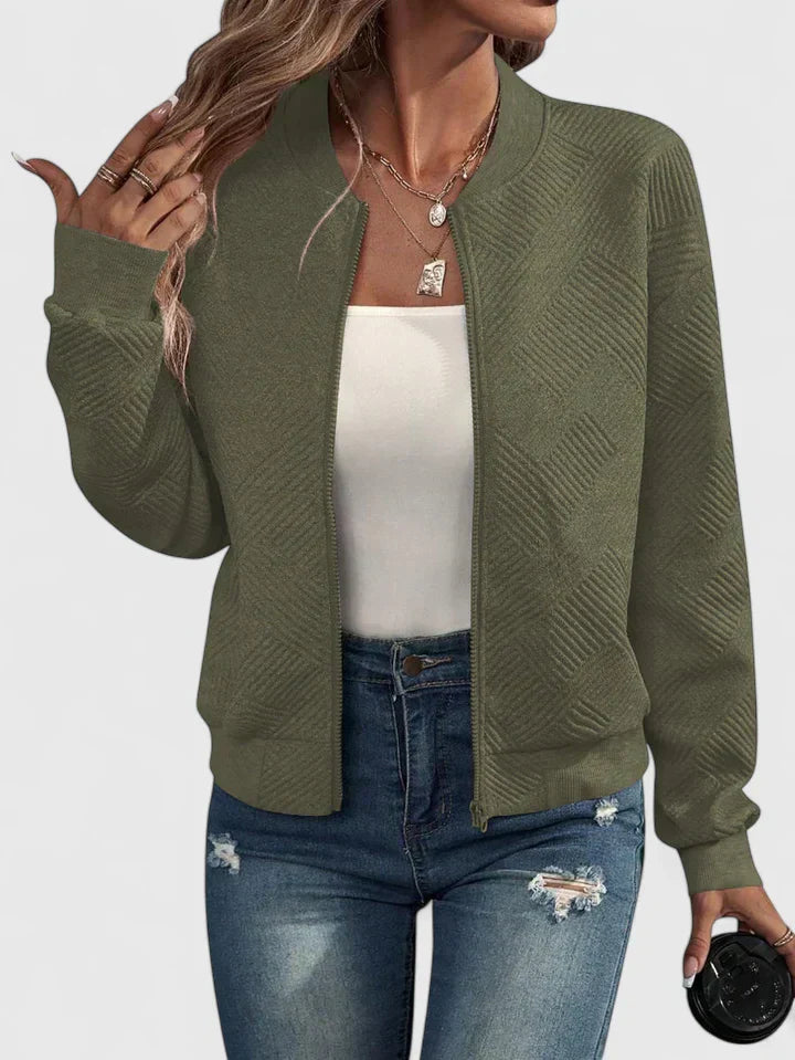 Women's Quilted Bomber Jacket With Ribbed Collar, Cuffs And Zip Front