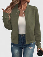 Women's Quilted Bomber Jacket With Ribbed Collar, Cuffs And Zip Front
