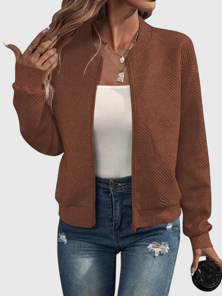 Women's Quilted Bomber Jacket With Ribbed Collar, Cuffs And Zip Front