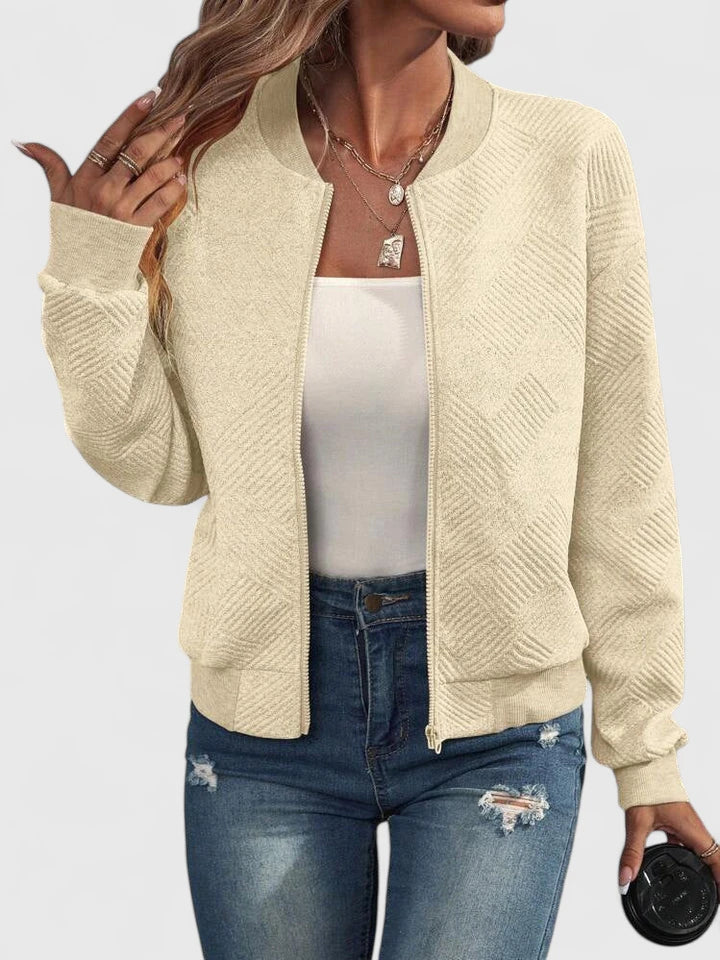 Women's Quilted Bomber Jacket With Ribbed Collar, Cuffs And Zip Front