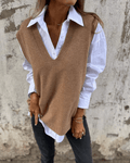 Women's Brown Elegant V-Neck Knitted Autumn Layering Waistcoat