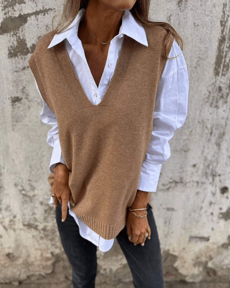Women's Brown Elegant V-Neck Knitted Autumn Layering Waistcoat