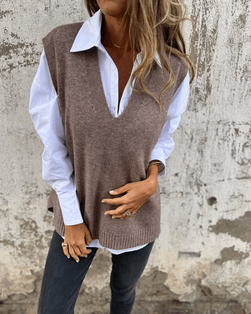 Women's Grey Brown Elegant V-Neck Knitted Autumn Layering Waistcoat