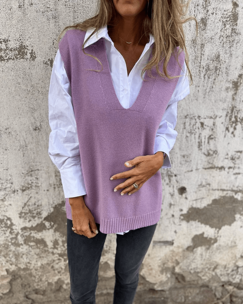 Women's Purple Elegant V-Neck Knitted Autumn Layering Waistcoat
