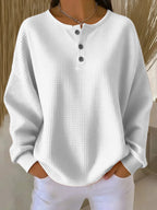 Women's white oversized waffle knit henley sweatshirt