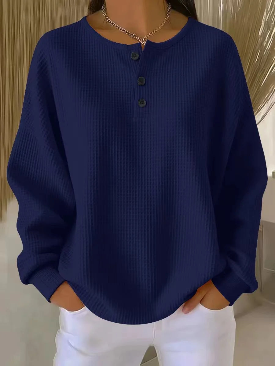 Women's navy oversized waffle knit henley sweatshirt