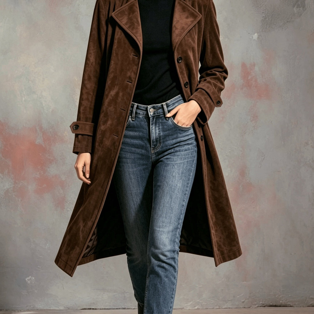 Dark brown longline coat with a tailored silhouette