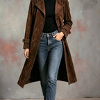 Dark brown longline coat with a tailored silhouette