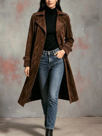 Dark brown longline coat with a tailored silhouette