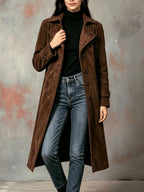 Dark brown longline coat with a tailored silhouette