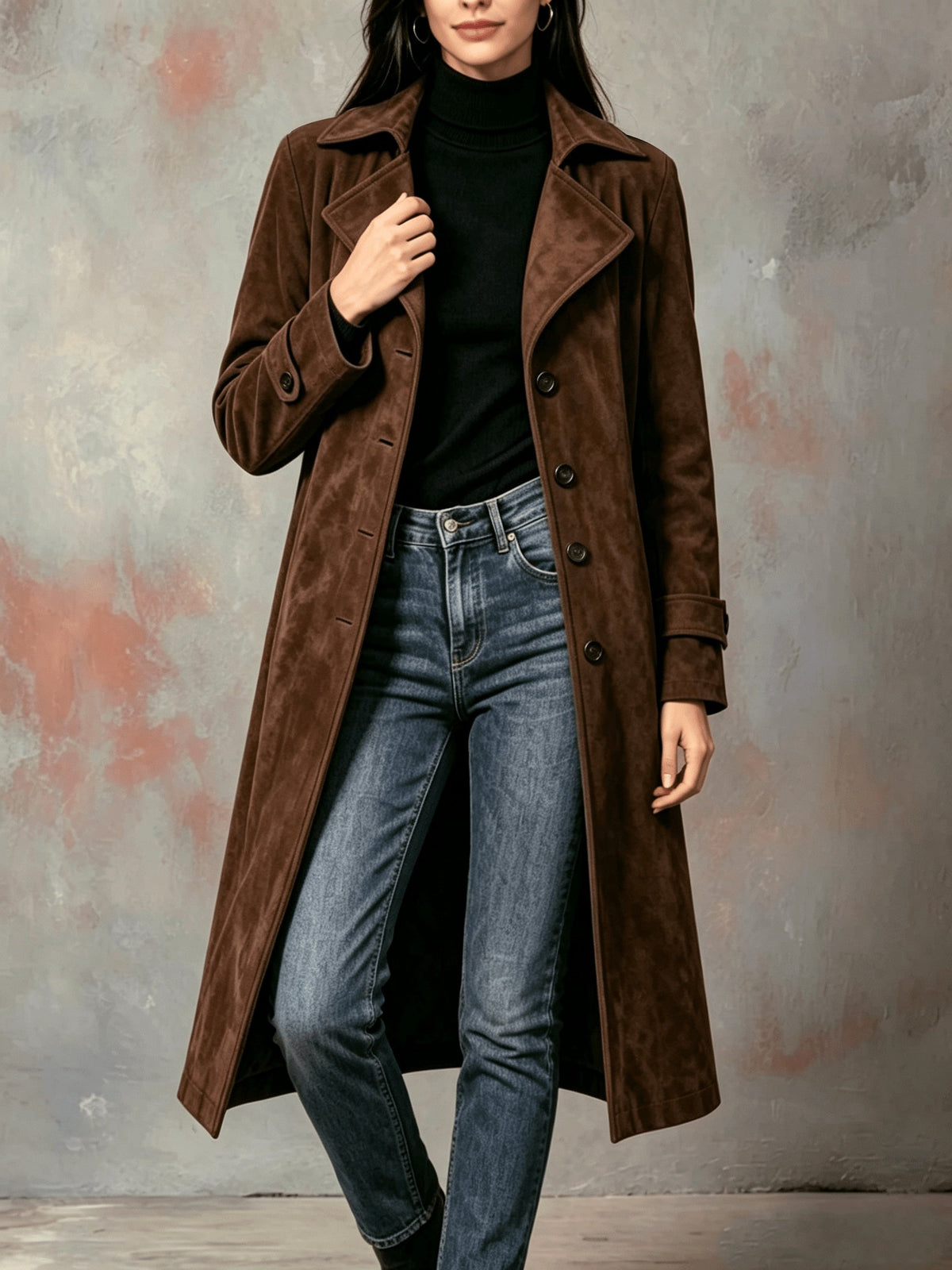 Dark brown longline coat with a tailored silhouette
