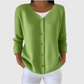 Women's Green V-Neck Knitted Cardigan with Three-Quarter Sleeves