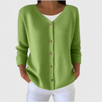 Women's Green V-Neck Knitted Cardigan with Three-Quarter Sleeves