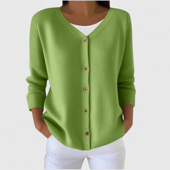 Women's Green V-Neck Knitted Cardigan with Three-Quarter Sleeves