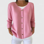Women's Light Pink V-Neck Knitted Cardigan with Three-Quarter Sleeves
