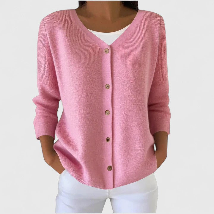 Women's Light Pink V-Neck Knitted Cardigan with Three-Quarter Sleeves