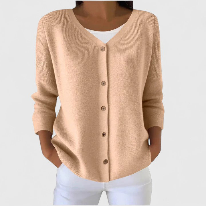 Women's Salmon V-Neck Knitted Cardigan with Three-Quarter Sleeves
