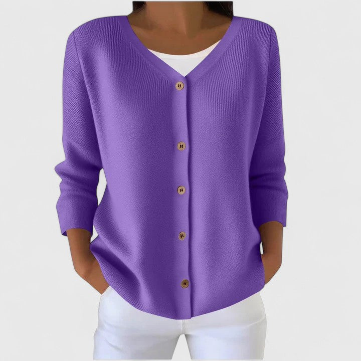 Women's Purple V-Neck Knitted Cardigan with Three-Quarter Sleeves