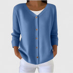 Women's Blue V-Neck Knitted Cardigan with Three-Quarter Sleeves