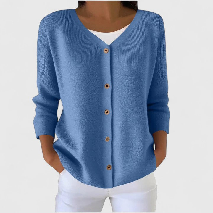 Women's Blue V-Neck Knitted Cardigan with Three-Quarter Sleeves