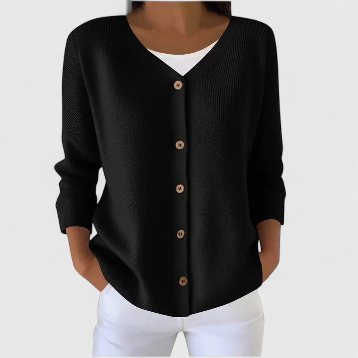 Women's Black V-Neck Knitted Cardigan with Three-Quarter Sleeves