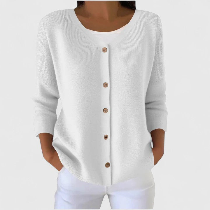 Women's White V-Neck Knitted Cardigan with Three-Quarter Sleeves