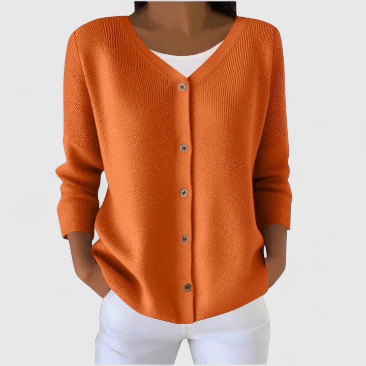 Women's Orange V-Neck Knitted Cardigan with Three-Quarter Sleeves