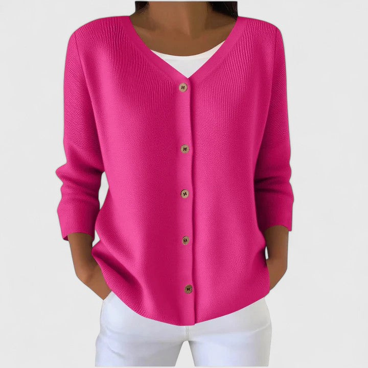 Women's Pink V-Neck Knitted Cardigan with Three-Quarter Sleeves