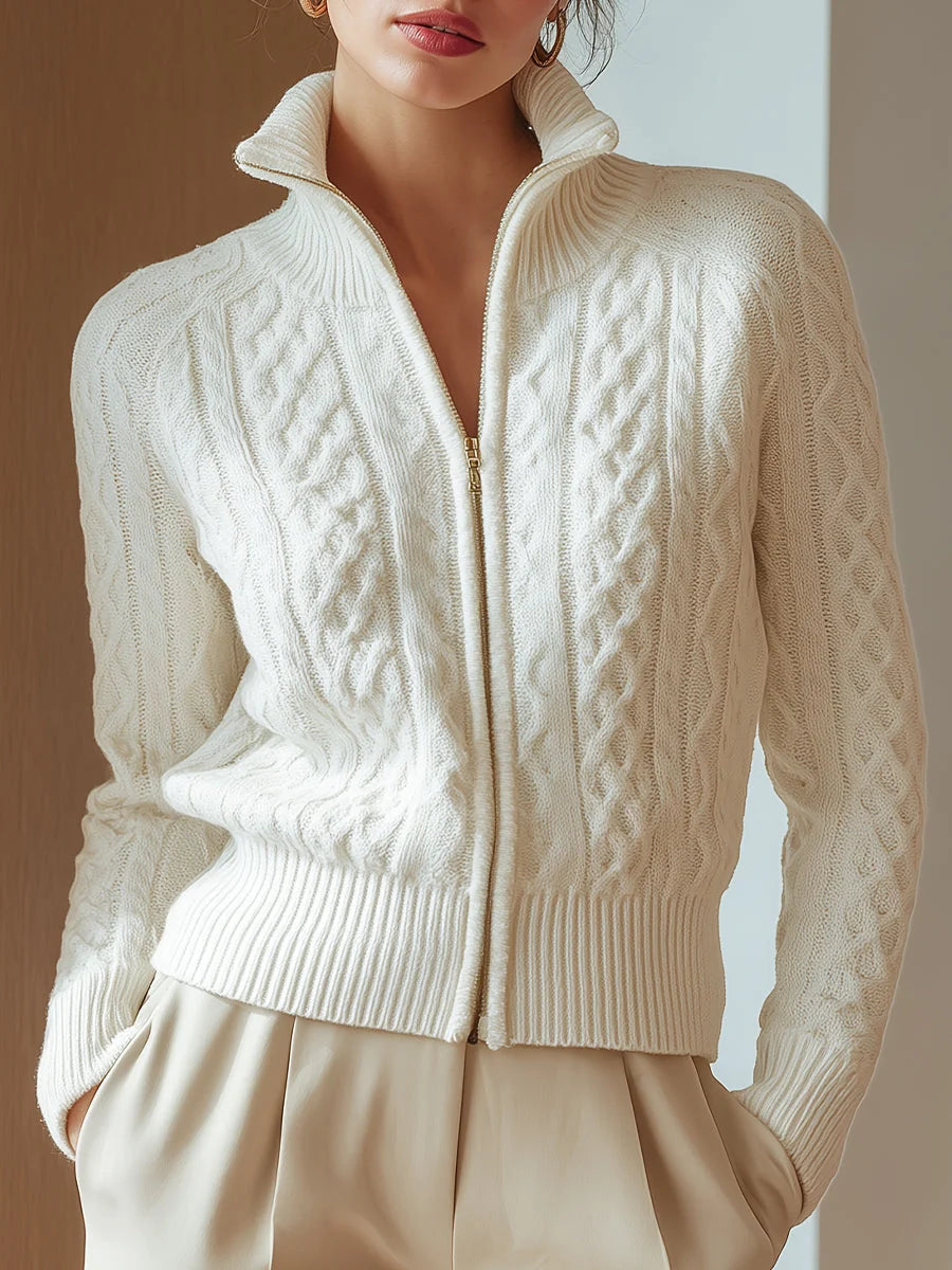 Women's cream cropped cable knit zip up cardigan